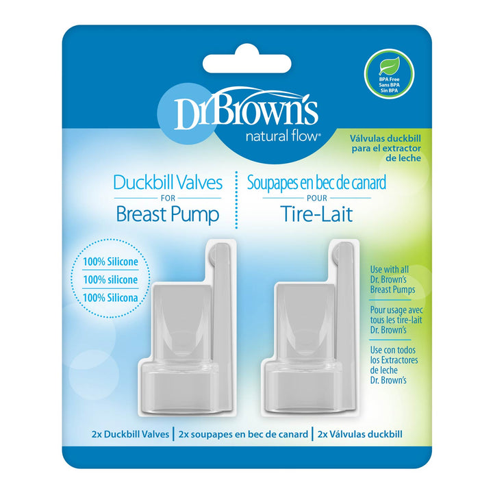 Dr. Brown's Natural Flow Duckbill Valves for Breast Pump, 2-pack in a blue and white blister card with a green accent panel.
