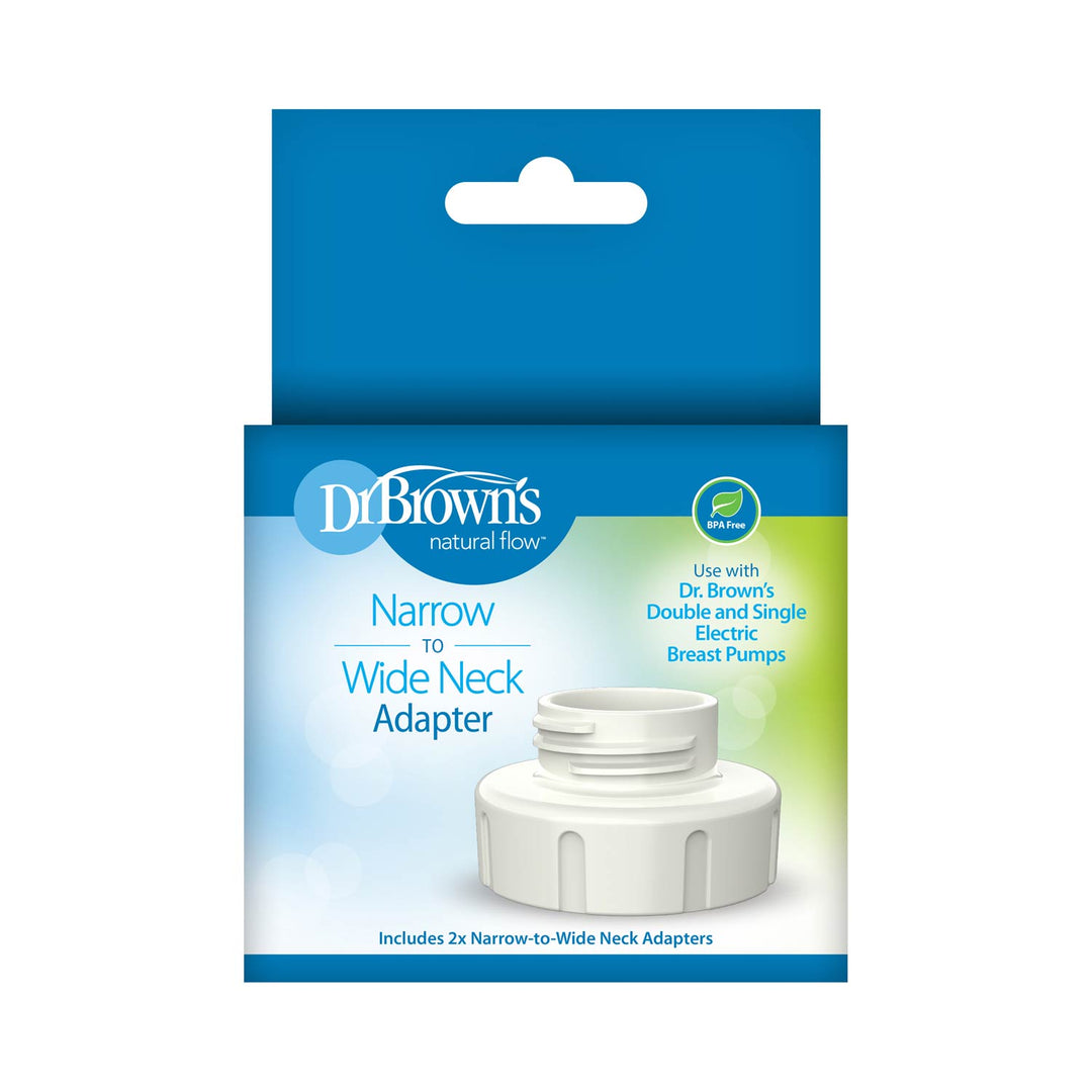 Dr. Brown’s Narrow to Wide-Neck Adapter for Electric Breast Pumps (2 Pk) features a white adapter image on blue-green packaging, highlighting compatibility with Dr. Brown’s Electric Breast Pumps.