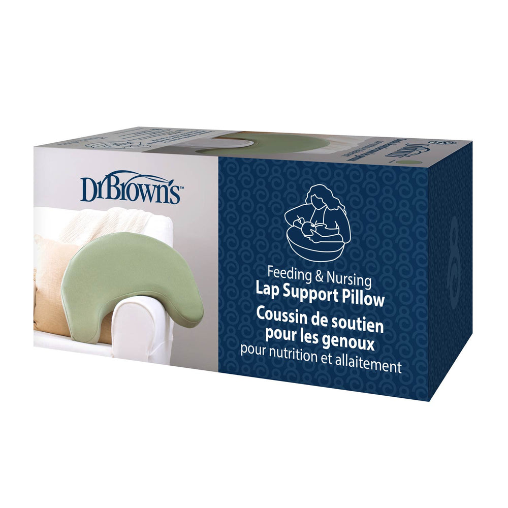 A box of Dr. Brown's™ Feeding & Nursing Lap Support Pillow, showing a light green memory foam pillow on a white chair, with English and French text on the packaging. Brand: Dr. Brown's.