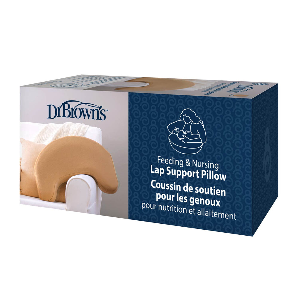 A box of Dr. Brown's™ Feeding & Nursing Lap Support Pillow, showing a tan pillow on a white chair with bilingual English and French text describing its use for feeding and nursing support.