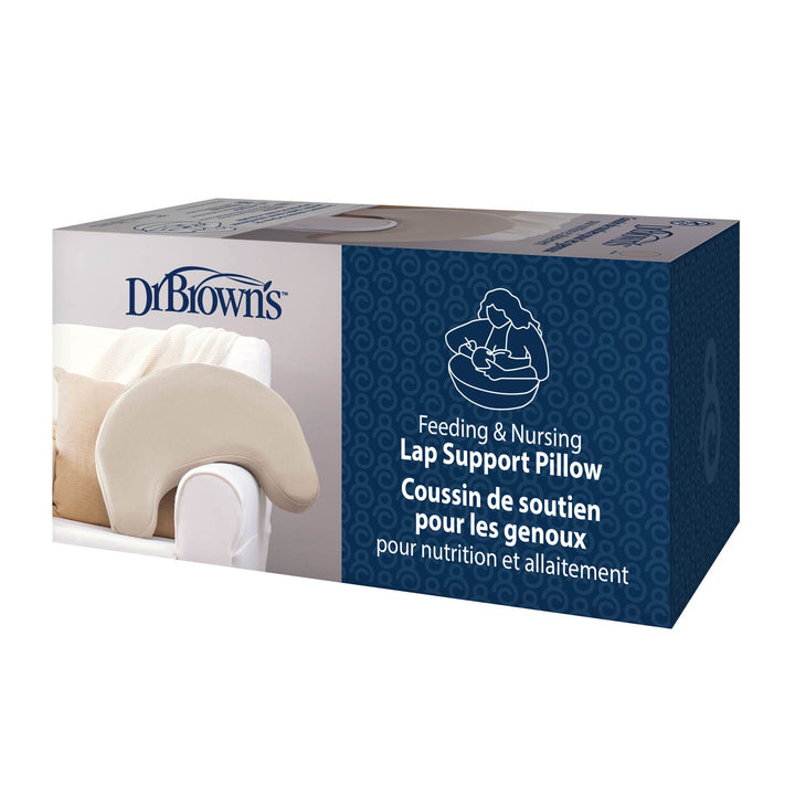 A box of Dr. Brown's™ Feeding & Nursing Lap Support Pillow by Dr. Brown's displays the pillow on a chair and bilingual text describing it as a lap support pillow for feeding and breastfeeding.