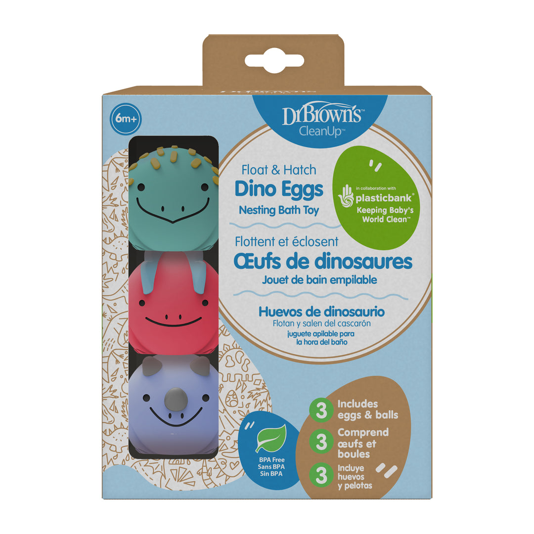 Dr. Brown’s™ CleanUp™ Float & Hatch Dino Eggs come in a windowed box with three colorful eggs stacked vertically—an engaging bath toy by Dr. Brown's for fun and learning.