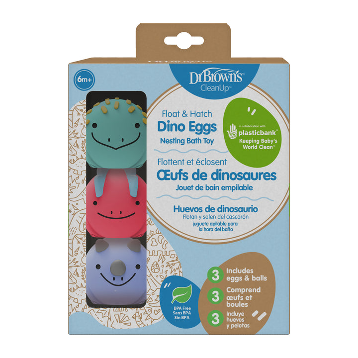 Dr. Brown’s™ CleanUp™ Float & Hatch Dino Eggs come in a windowed box with three colorful eggs stacked vertically—an engaging bath toy by Dr. Brown's for fun and learning.