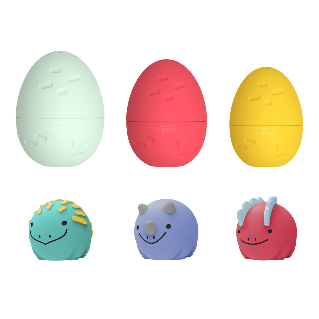 Dr. Brown’s™ CleanUp™ Float & Hatch Dino Eggs by Dr. Brown's includes six uniquely designed, colorful dino eggs with matching dinosaur figures—ideal as nesting bath toys or playful baby bath toys for fun during bathtime.