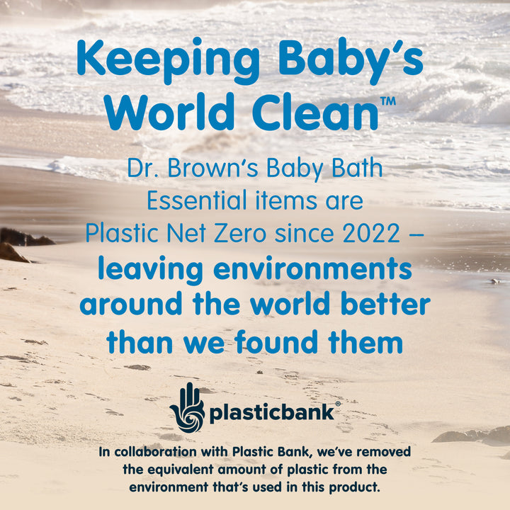 Advertisement for Dr. Brown's Baby Bath on a beach with text about plastic reduction efforts.