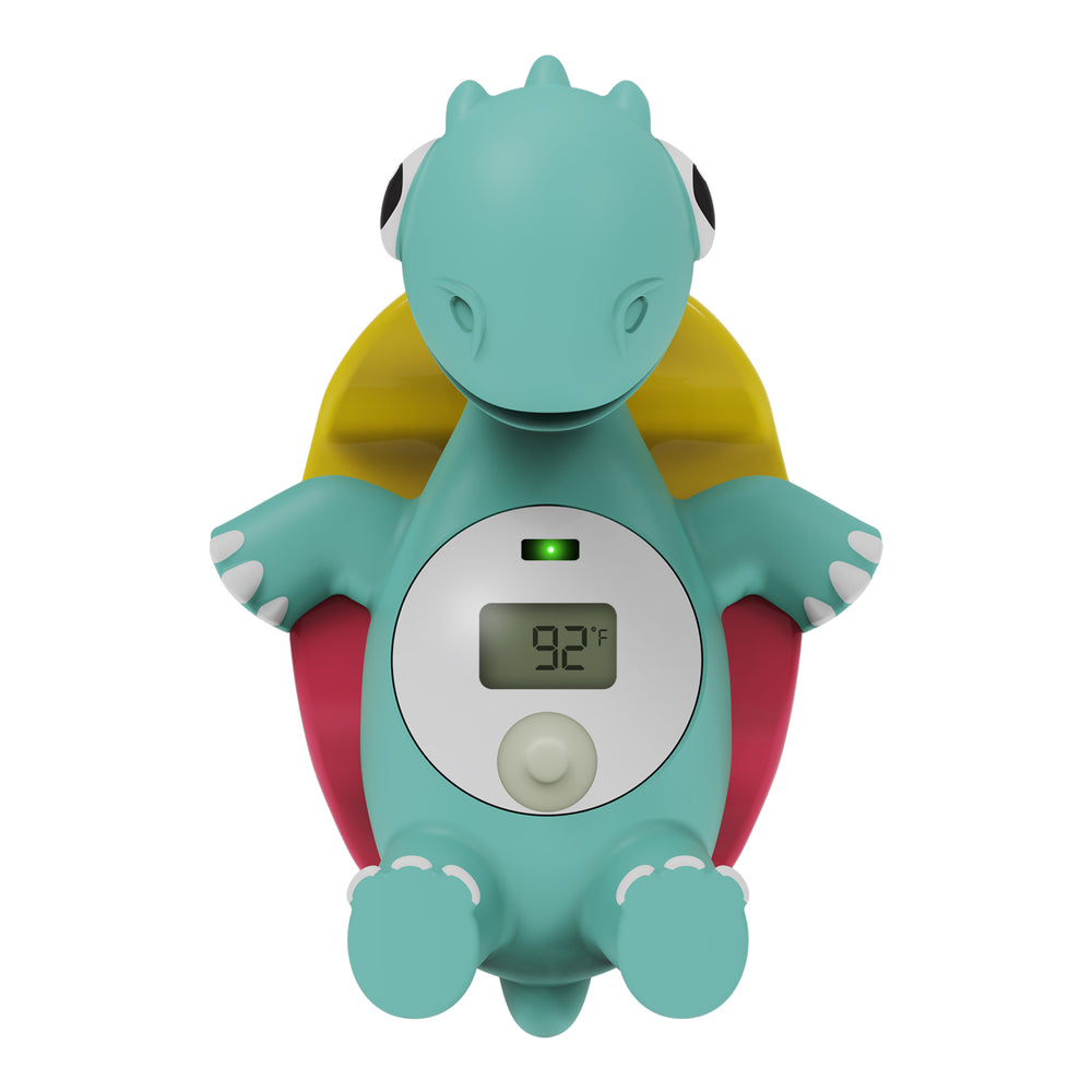 Turquoise turtle-shaped thermometer with digital display on a white background