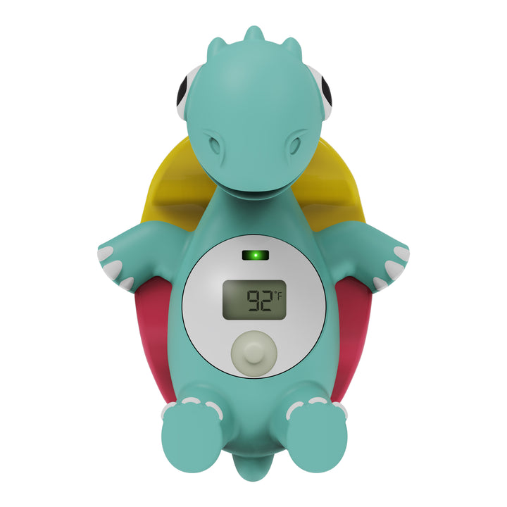 Turquoise turtle-shaped thermometer with digital display on a white background
