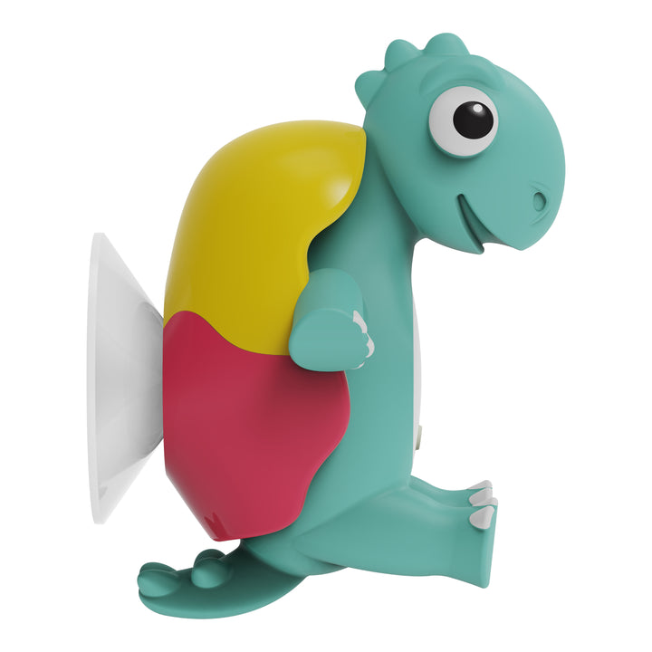 Colorful dinosaur-shaped wall hook on a white background