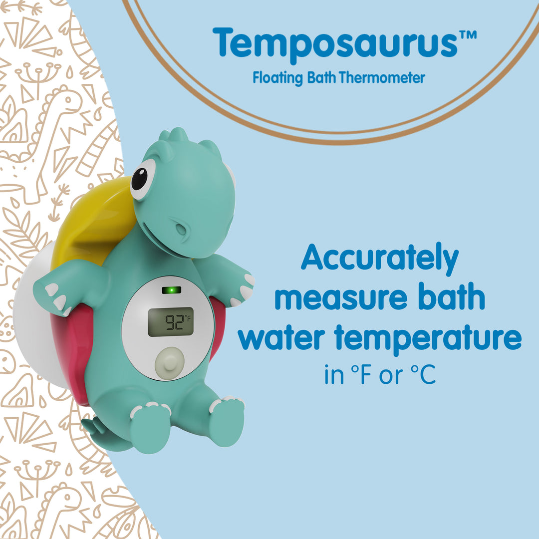 Dinosaur-shaped bath thermometer with digital display on a light blue background, featuring the brand 'Temposaurus'.