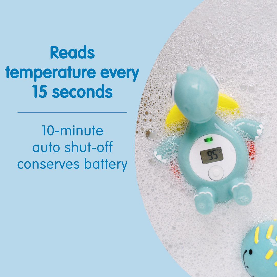 Bath thermometer for children with text about temperature readings and auto shut-off on a blue background.