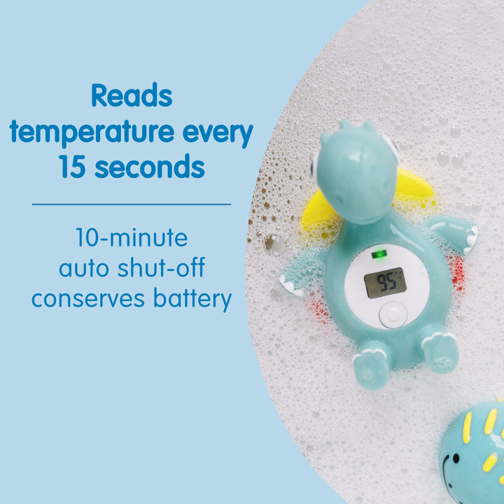 Bath thermometer for children with text about temperature readings and auto shut-off on a blue background.
