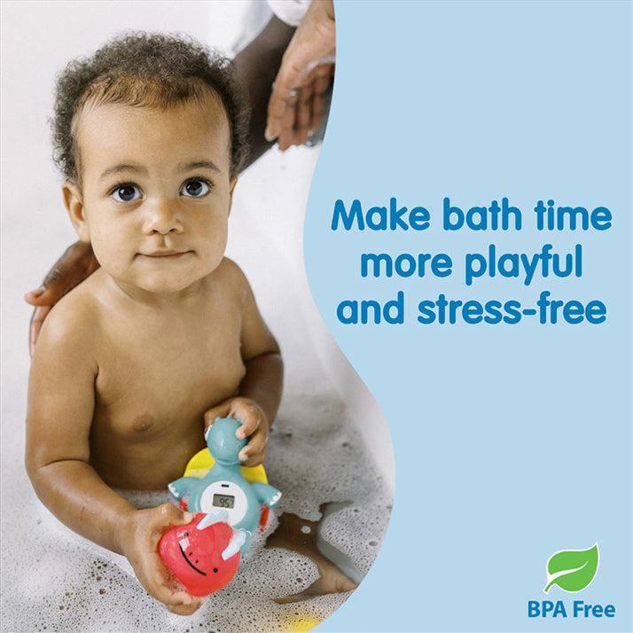 Baby in a bath with Dr. Brown's bath toys and text promoting stress-free bath time.