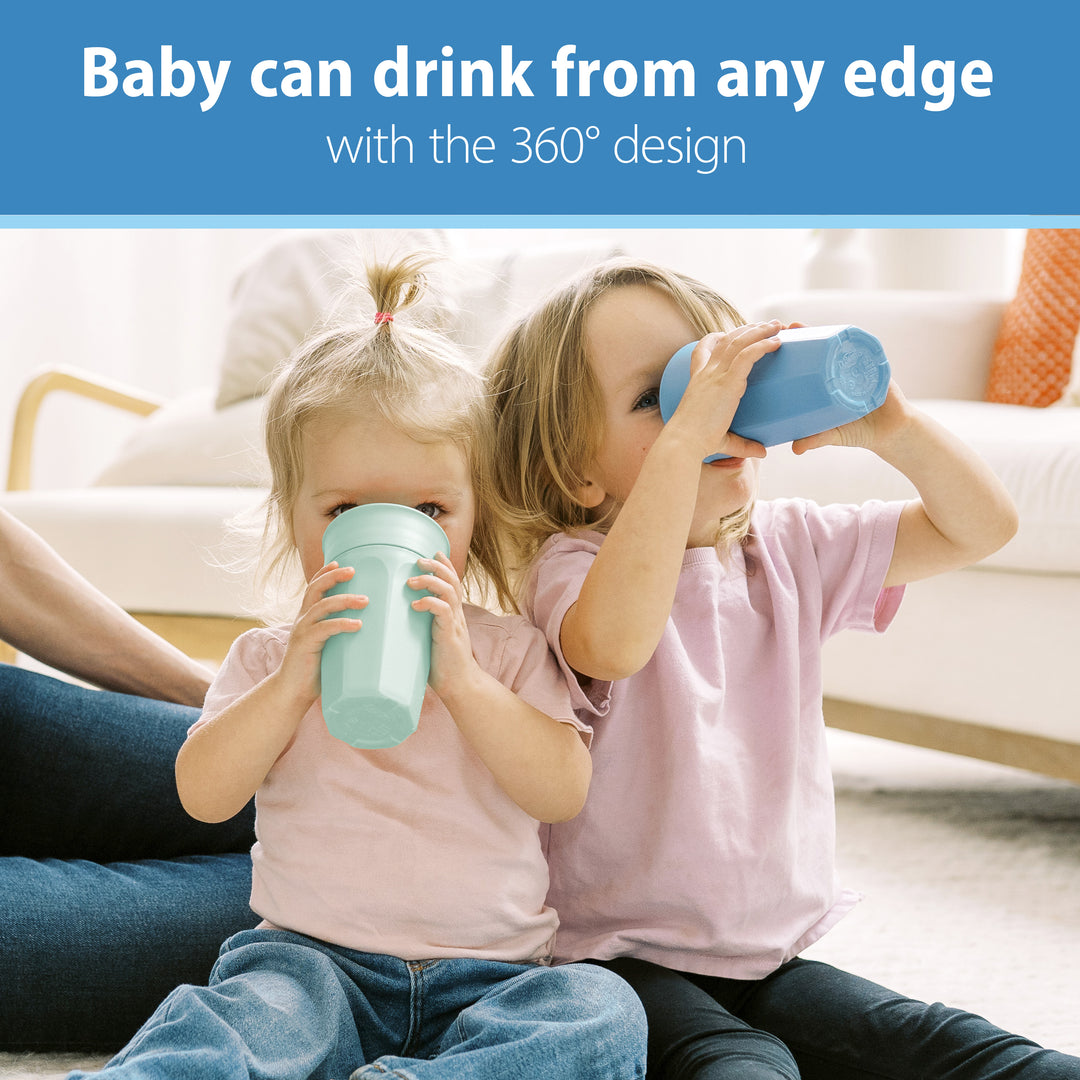 Two children drinking from sippy cups with text about a 360-degree design.