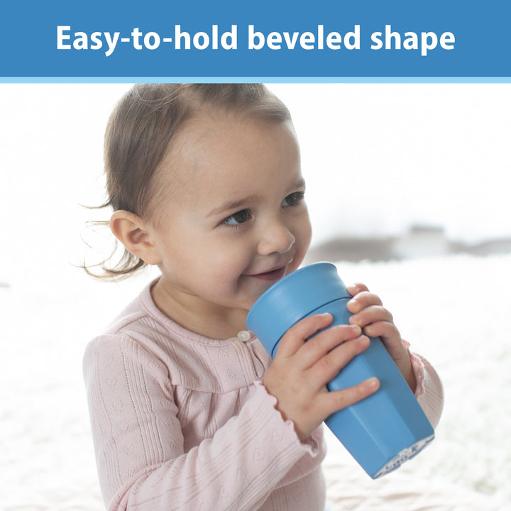 Child holding a blue cup with text 'Easy-to-hold beveled shape' above.