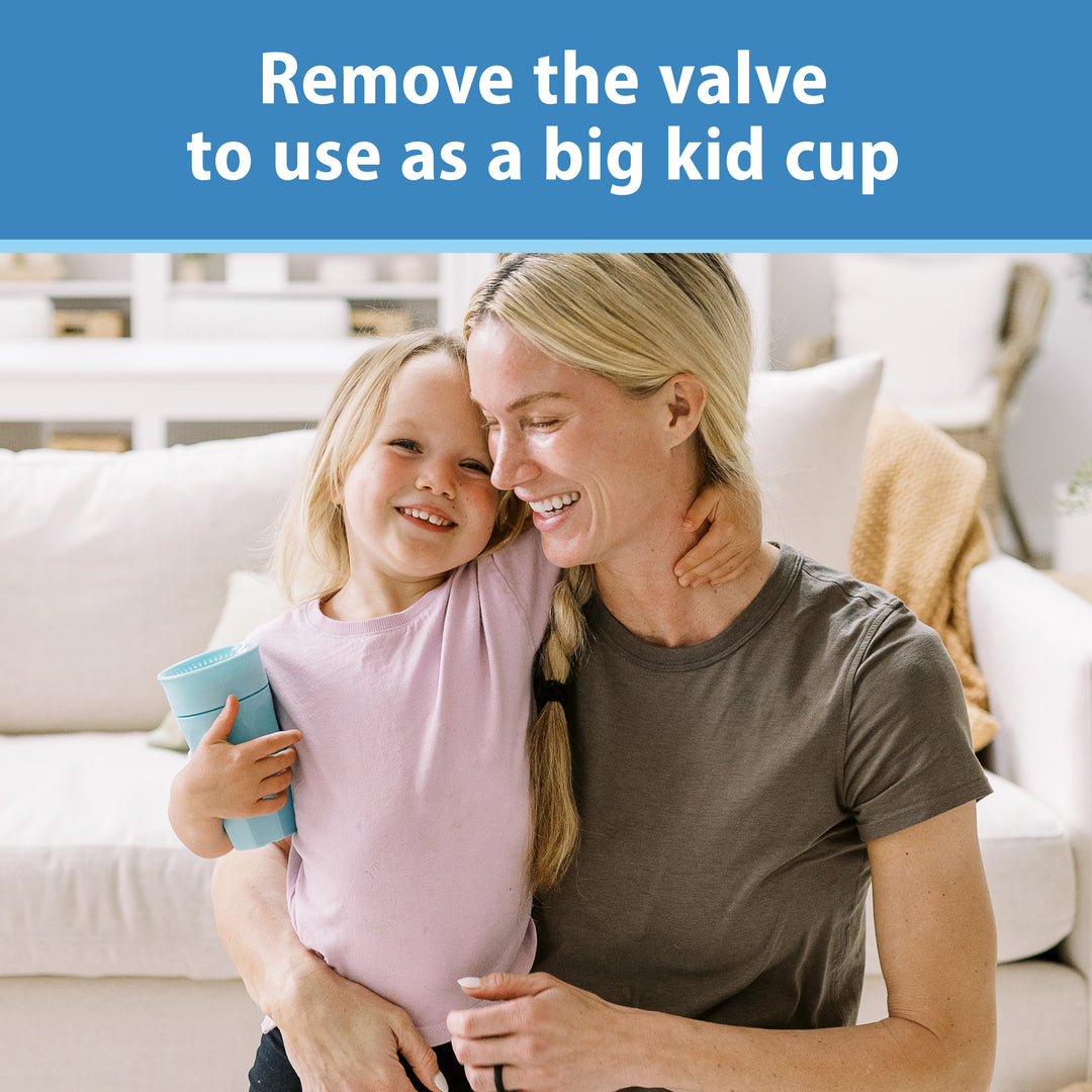 Woman and child holding a blue cup with text on a blue background
