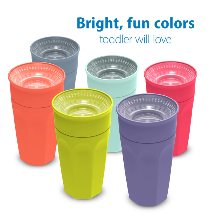 Set of colorful cups with text 'Bright, fun colors toddler will love' on a white background