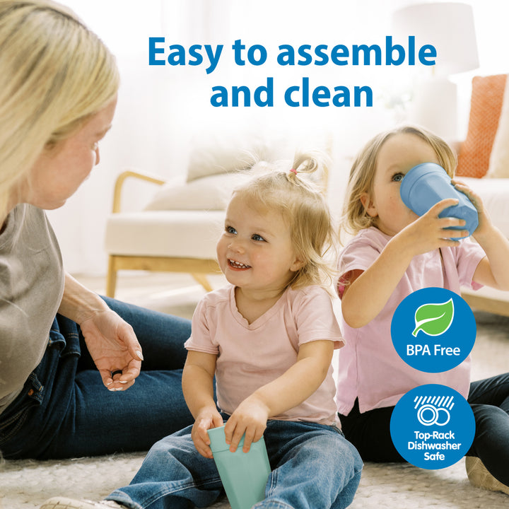 Two children playing with sippy cups in a living room, with text about product features.