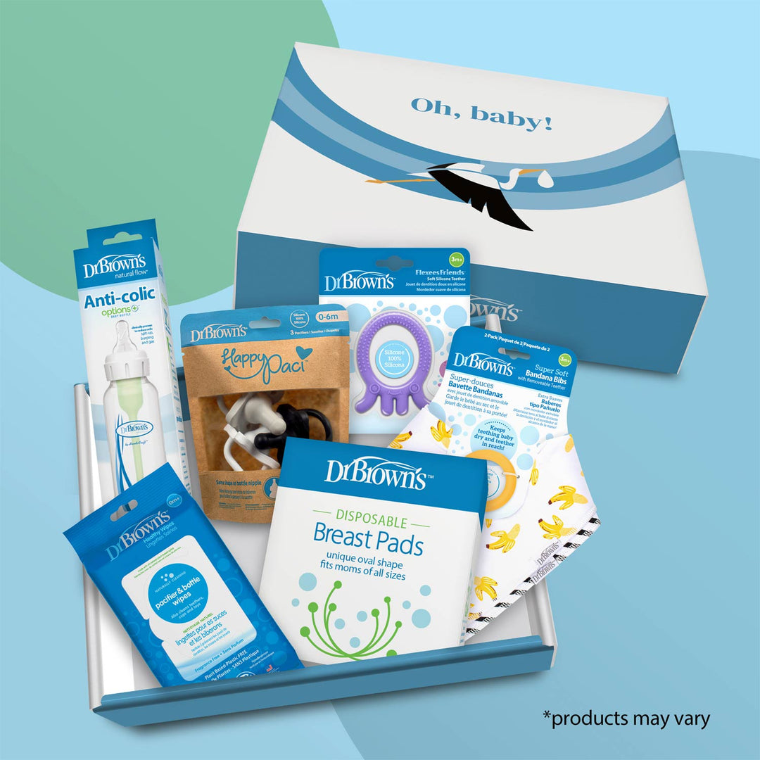 Dr. Brown's Baby Gift Box features essentials such as an anti-colic bottle, breast pads, pacifier, wipes, cooling teether, and a stylish bib. Items may vary.