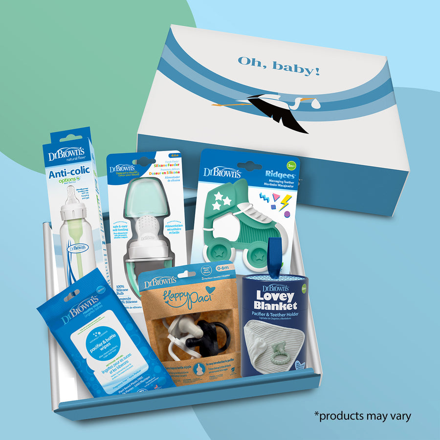 Dr. Brown's Gift Box image including: Dr. Brown's Anti-Colic Options+™ 8oz bottle, HappyPaci™ Silicone Pacifier 3pk, Pacifier & Bottle Wipes 40ct, Ridgees™ Teether, Lovey Blanket Pacifier & Teether Holder, and Silicone Feeder (product may vary)