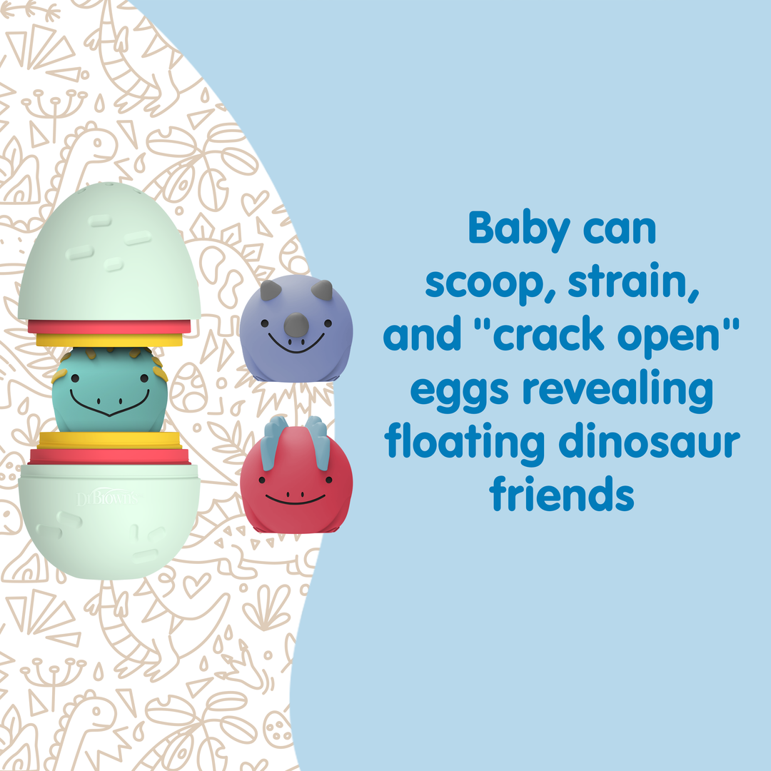 Dr. Brown’s™ CleanUp™ Float & Hatch Dino Eggs by Dr. Brown's features three colorful dinosaur toys inside and outside cracked dino eggs, highlighting their playful learning and baby bath toy fun.