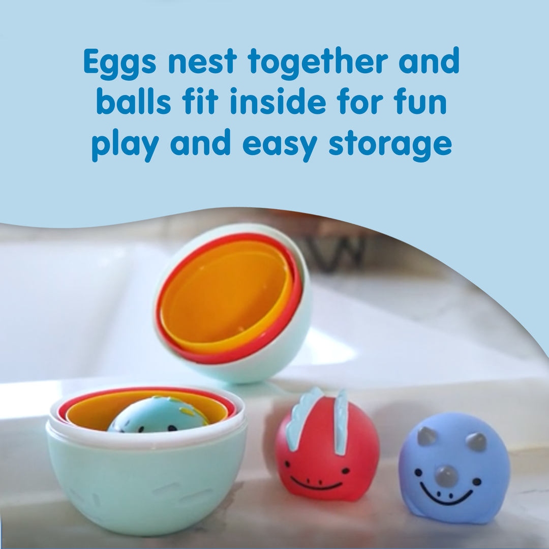 Open Dr. Brown’s™ CleanUp™ Float & Hatch Dino Eggs to find colorful, smiling balls inside and around the shells—nesting bath toys and balls for playful storage and bath time fun from Dr. Brown's.