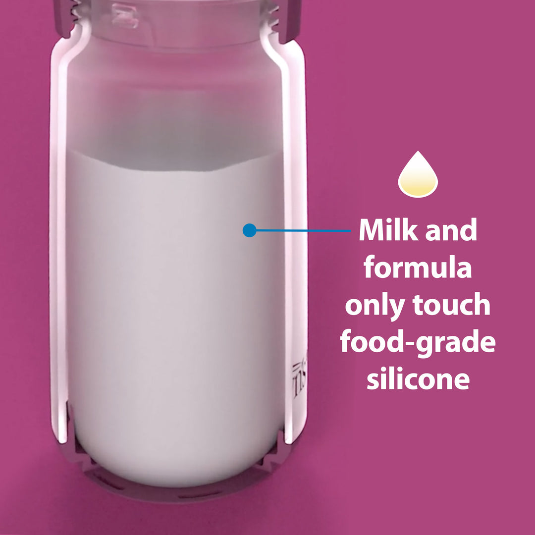 Bottle with food-grade silicone and milk formula illustration on a pink background