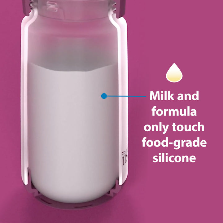 Bottle with food-grade silicone and milk formula illustration on a pink background