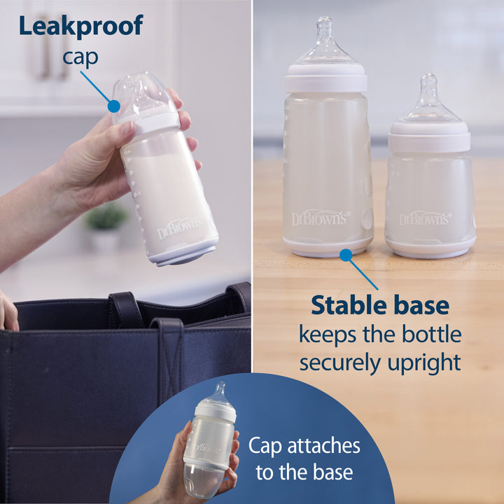 Baby bottles with leakproof cap and stable base features, shown in use and on a table.