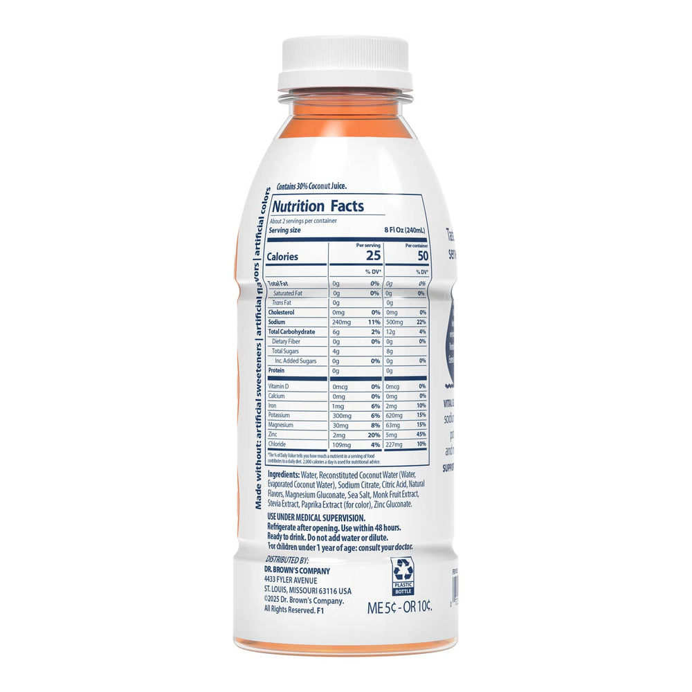 Nutrition facts on a bottle for Dr. Brown's Orange Electrolyte Solution