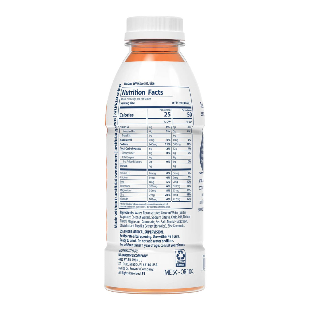 Nutrition facts on a bottle for Dr. Brown's Orange Electrolyte Solution