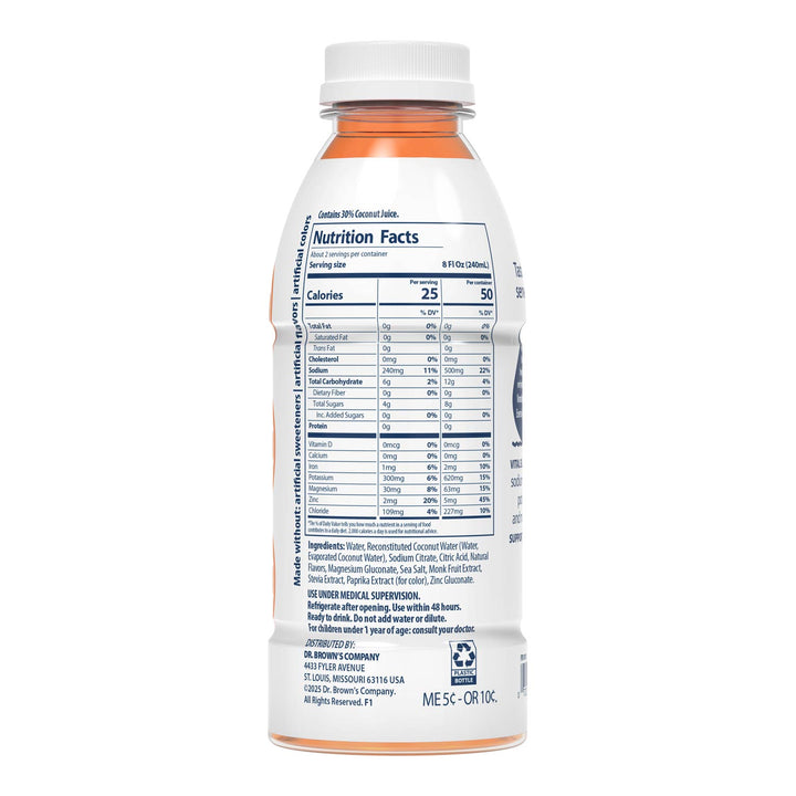 Nutrition facts on a bottle for Dr. Brown's Orange Electrolyte Solution