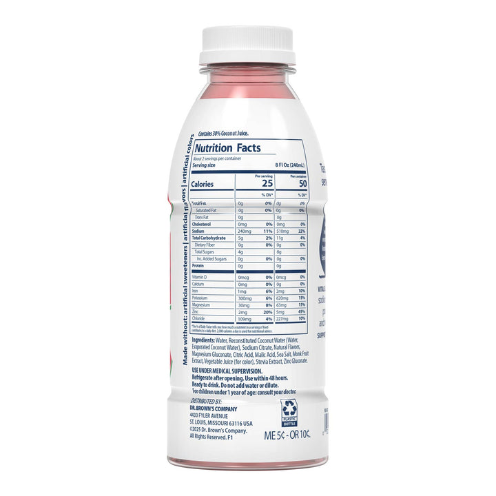 Nutrition facts on a bottle for Dr. Brown's Watermelon Electrolyte Solution