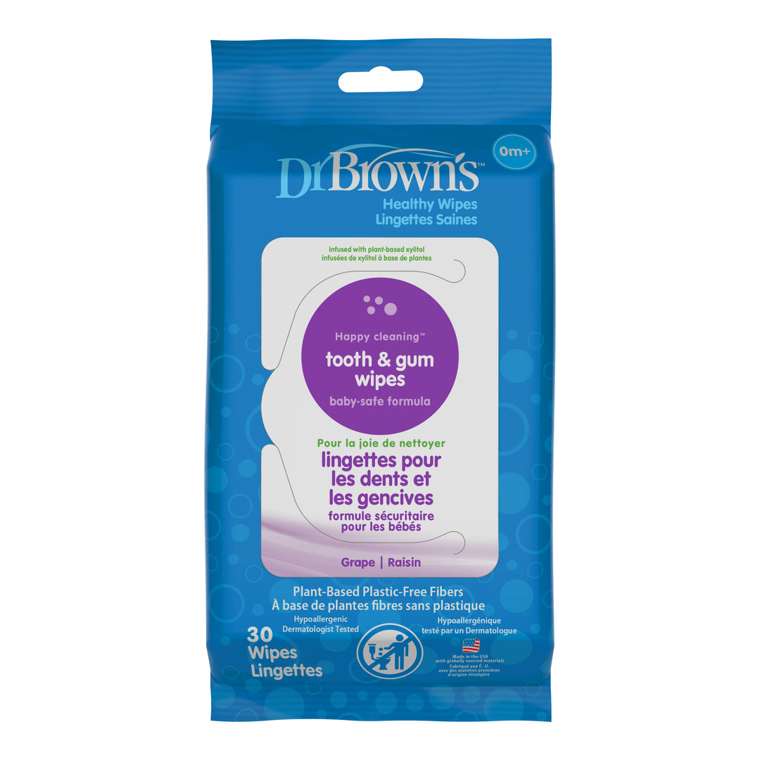A blue pack of Dr. Brown’s™ Tooth & Gum Healthy Wipes for babies, grape flavored and hypoallergenic, includes 30 xylitol wipes that are dermatologist tested and gentle for daily use.