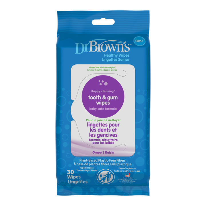 A blue pack of Dr. Brown’s™ Tooth & Gum Healthy Wipes for babies, grape flavored and hypoallergenic, includes 30 xylitol wipes that are dermatologist tested and gentle for daily use.