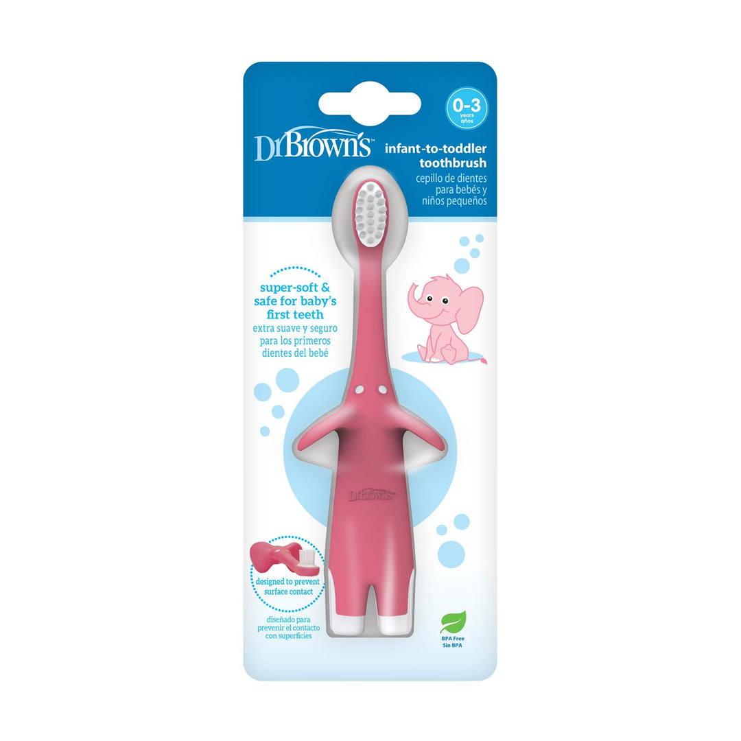 Dr. Brown's Infant-to-Toddler Toothbrush features an adorable pink elephant design, ideal for ages 0-3. With super-soft bristles and charming illustrations, it's perfect for baby oral hygiene.