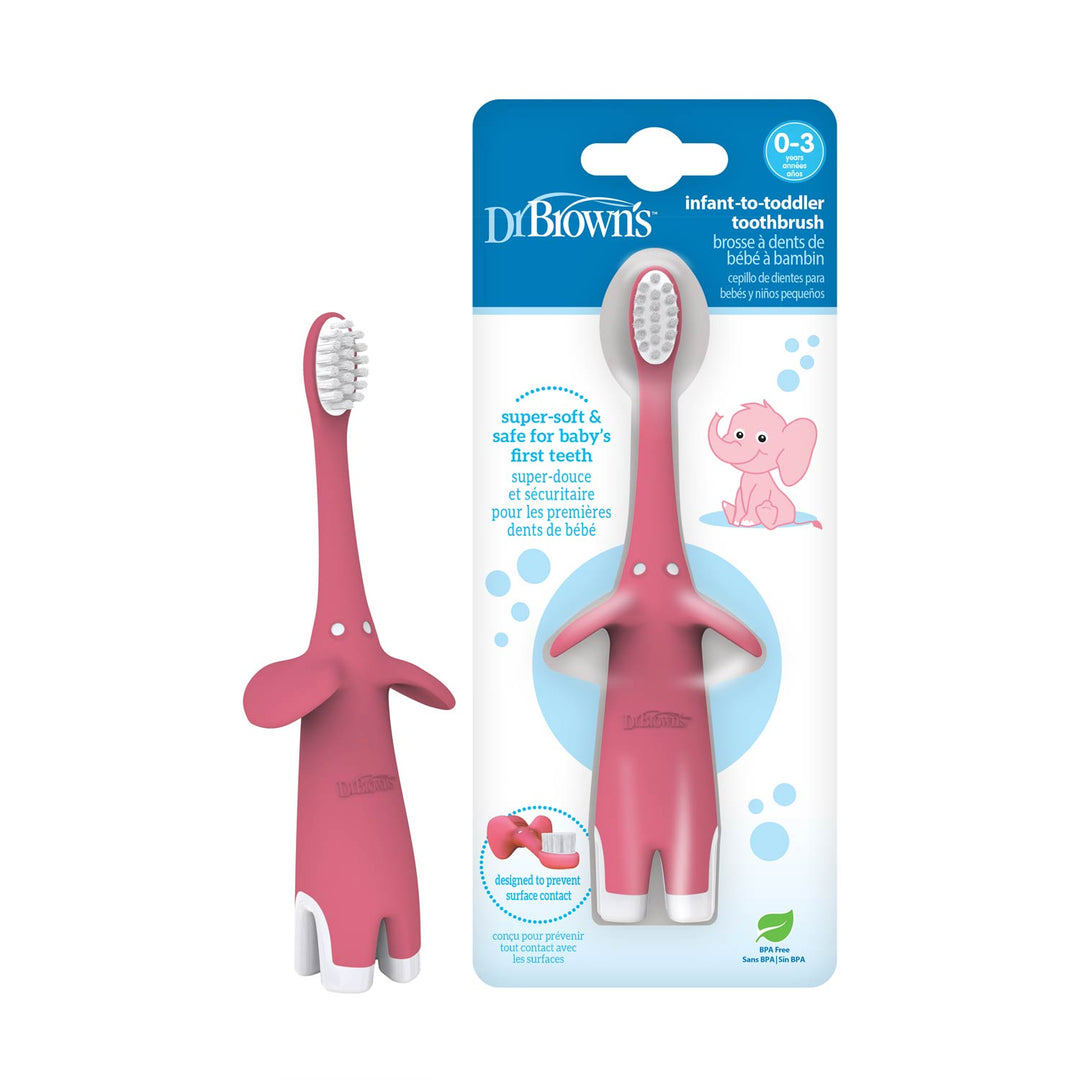 Two pink Dr. Brown's Infant-to-Toddler Elephant toothbrushes are shown with packaging, highlighting super-soft bristles. Featuring large ear-like handles and sturdy bases, they're designed for safe brushing to promote oral hygiene in infants aged 0-3.