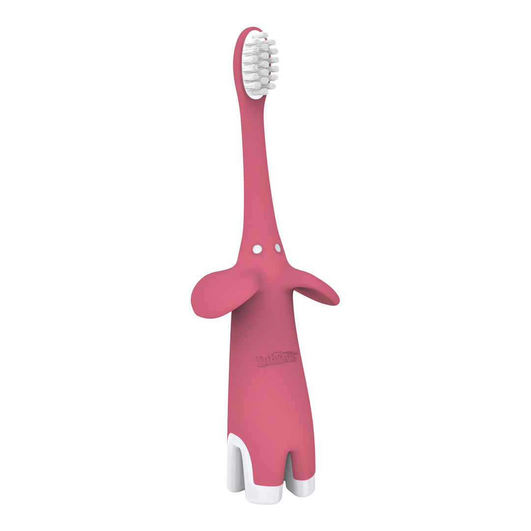 Dr. Brown's Elephant Infant-to-Toddler Toothbrush features a red elephant shape with a long neck, gentle white bristles, small white eyes, wide ears, and standing legs—an adorable and playful tool for baby oral care.