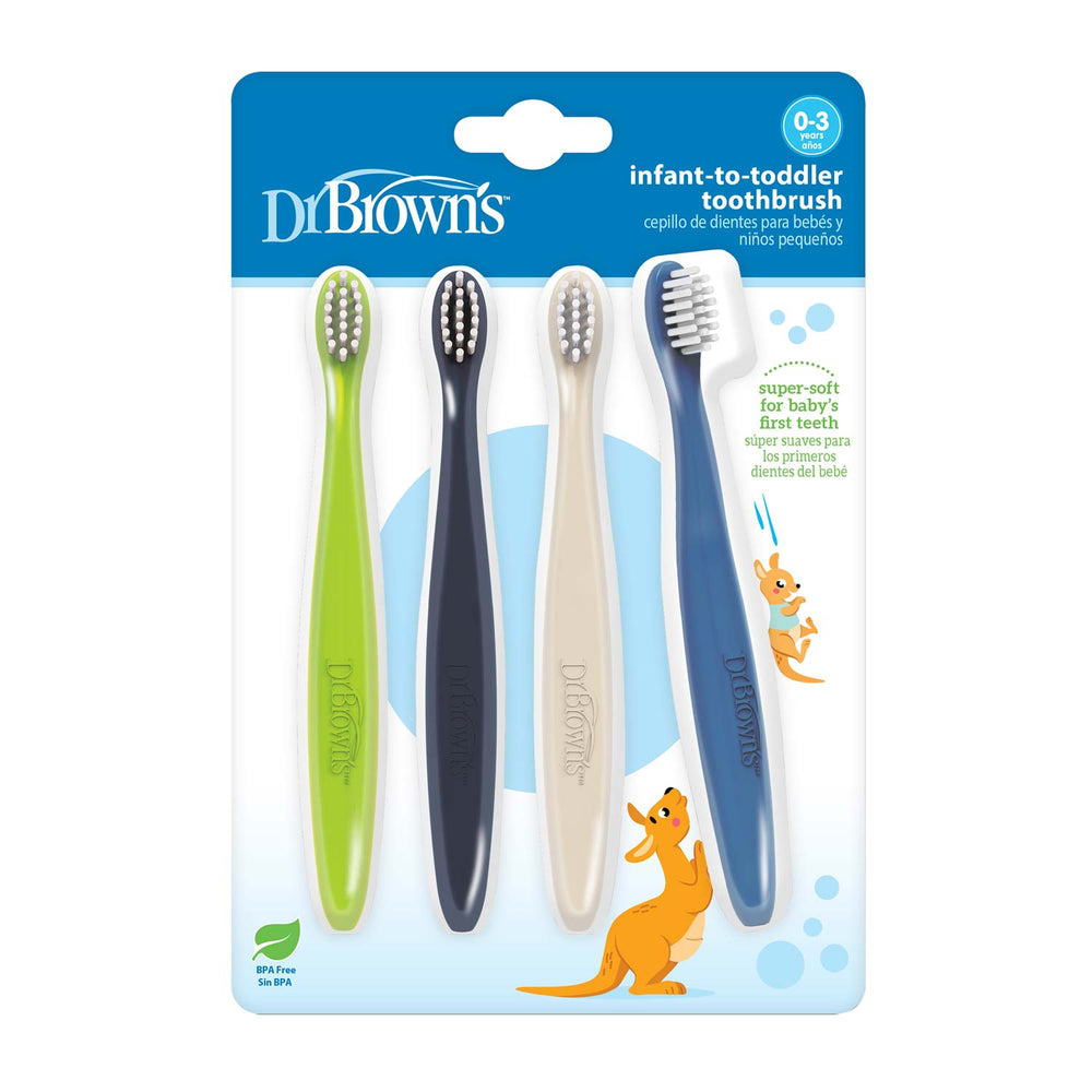 Dr. Brown's Infant-to-Toddler Toothbrushes, Packaged - Green, Dark Blue, Cream, Blue