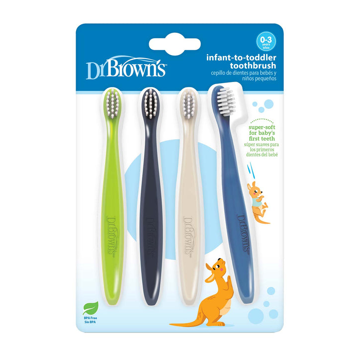 Dr. Brown's Infant-to-Toddler Toothbrushes, Packaged - Green, Dark Blue, Cream, Blue
