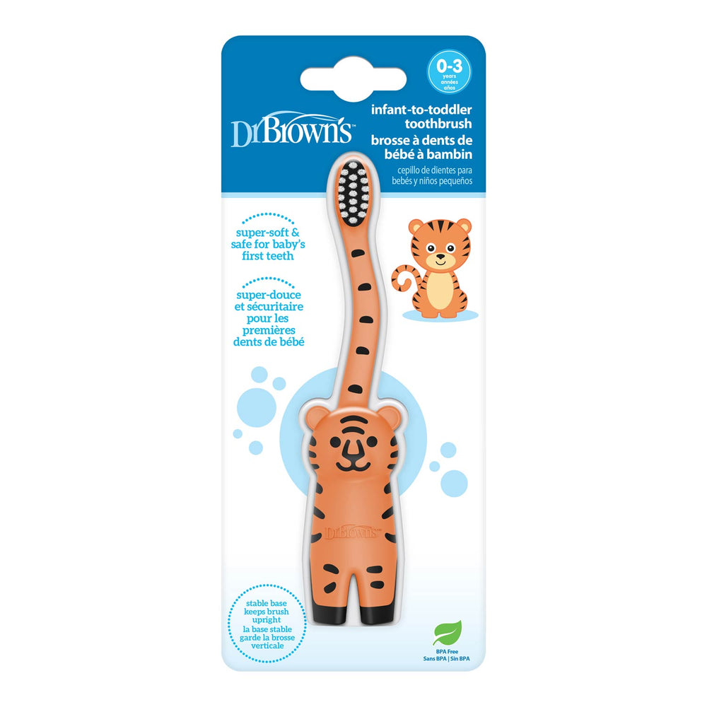 Dr. Brown's Infant to Toddler toothbrush in its retail packaging, featuring an orange tiger-shaped handle with black stripes and a blue header card.