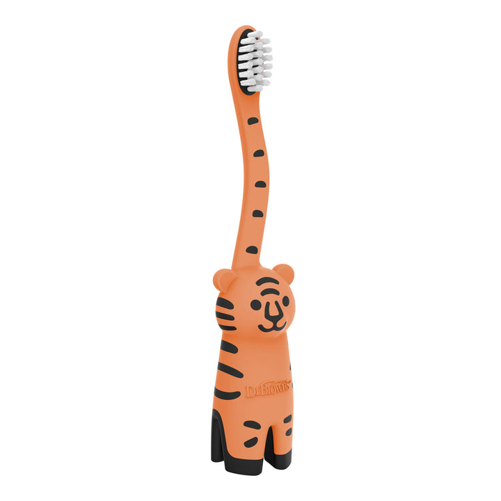An orange and black tiger-shaped toothbrush with white bristles