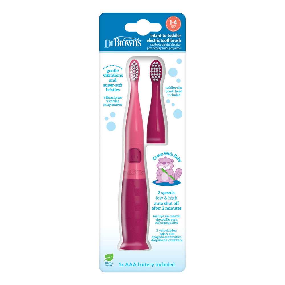 Dr. Brown's Infant-Toddler Electric Toothbrush in pink and dark pink, packaged in its original blue and white blister card packaging.