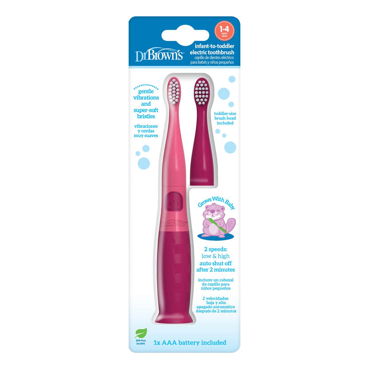 Dr. Brown's Infant-Toddler Electric Toothbrush in pink and dark pink, packaged in its original blue and white blister card packaging.