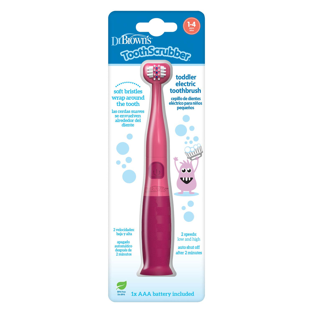 Dr. Brown's ToothScrubber Toddler Electric Toothbrush in pink, packaged on its original blue and white retail blister card.