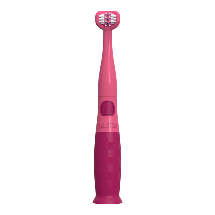 A pink electric toothbrush with a dual-tone design, featuring a lighter pink upper handle and a darker magenta-pink lower grip, shown against a plain white background.