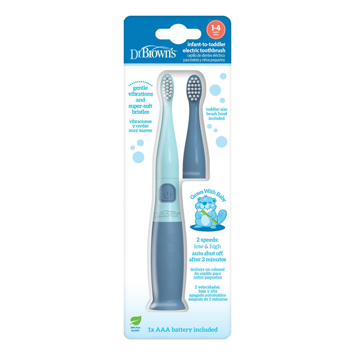 Dr. Brown's Infant-Toddler Electric Toothbrush in blue and mint green, packaged in its original retail blister card with product features and illustrations printed on the front.