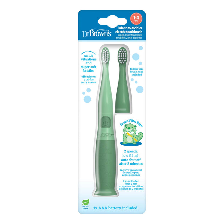 Dr. Brown's Infant-Toddler Electric Toothbrush in mint green, packaged in its original retail blister card with product features and illustrations printed on a white background.
