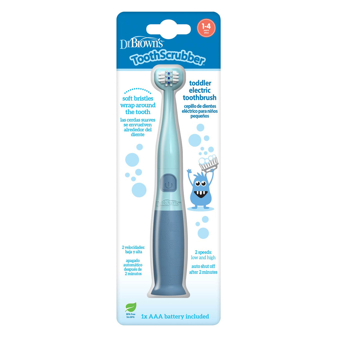 Dr. Brown's ToothScrubber Toddler Electric Toothbrush in its original retail packaging, featuring a light blue and dark blue handle with a cartoon monster illustration on the card.