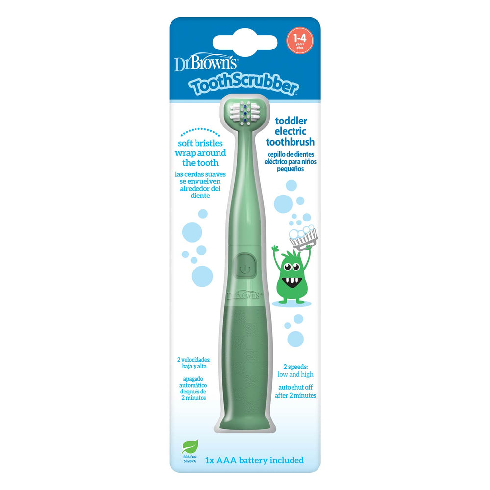 Dr. Brown's ToothScrubber Toddler Electric Tooth Scrubber in sage green, presented in its original retail blister packaging against a white background.
