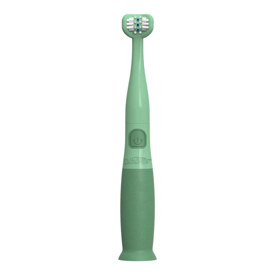 A mint green electric toothbrush with a dual-headed bristle design, shown vertically against a solid white background.